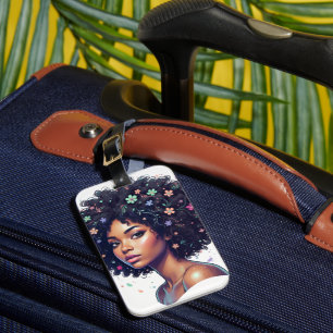 Etiqueta De Bagagem Menina Negra Caprichosa C/ Afro Adornado com Flore