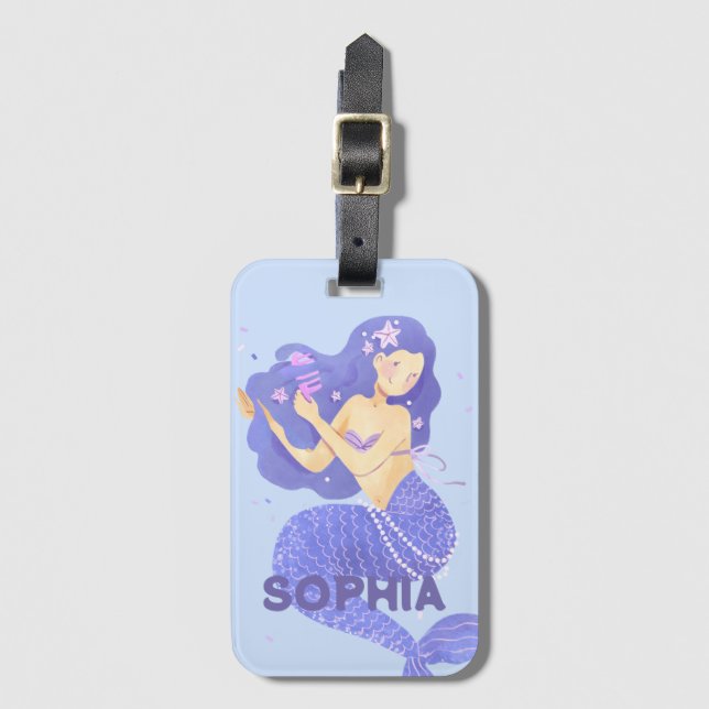 Etiqueta De Bagagem Meninas Cuja Sereia Púrpura Nome Personalizado (Frente Vertical)