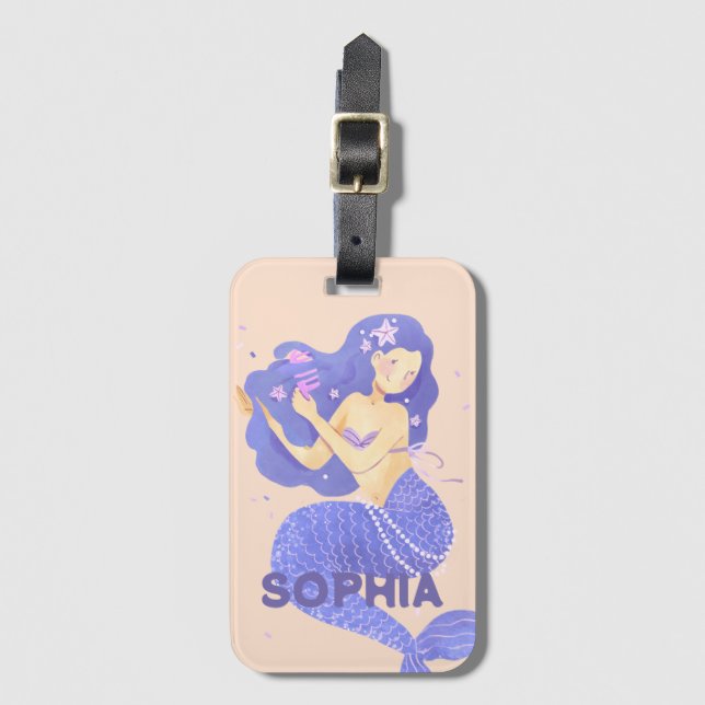 Etiqueta De Bagagem Meninas Cuja Sereia Púrpura Nome Personalizado (Frente Vertical)