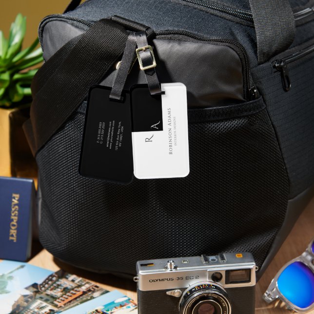 Etiqueta De Bagagem Metade Preta Metade Preta, Moderna Elegante, Monog (Frente e verso)