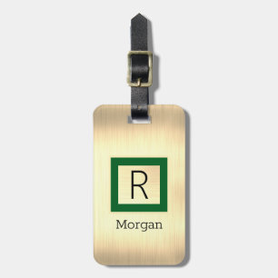 Etiqueta De Bagagem Metal Dourado, Nome Preto & Monograma, Caixa Verde