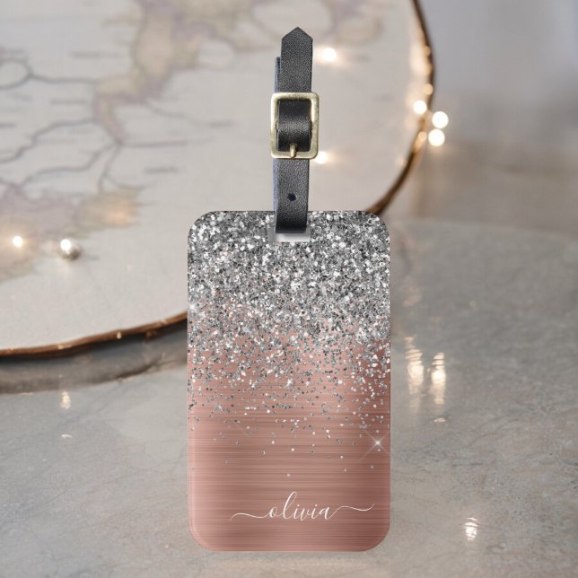 Etiqueta De Bagagem Metal Escovado Rosa Dourado Prata Brilho Monograma (Criador carregado)