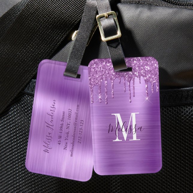 Etiqueta De Bagagem Metal Revestido com Gotejamento de Brilho Roxo Mon (Monogrammed Purple Glitter Drip Brushed Metal Luggage Tag)
