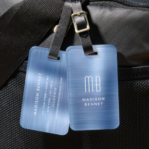 Etiqueta De Bagagem Metálico Elegante Monograma Blue Faux Bruted
