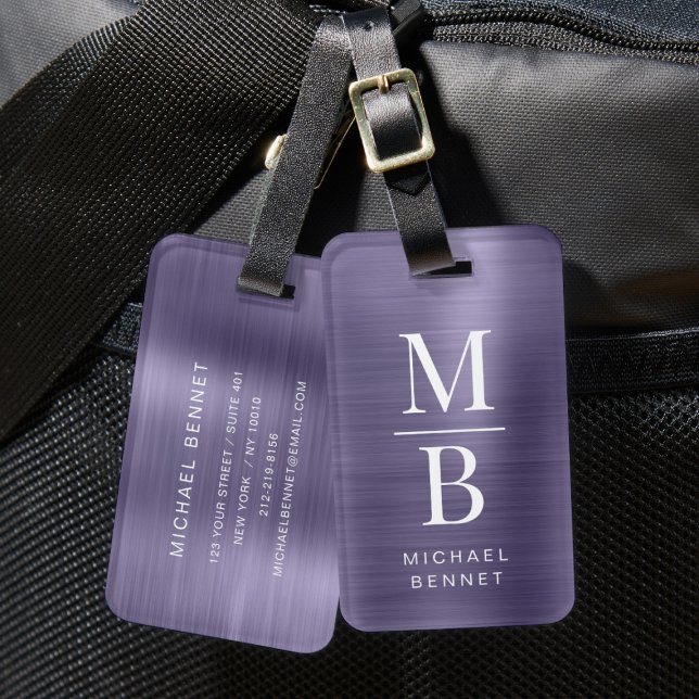 Etiqueta De Bagagem Metálico Elegante Monograma Roxo Bruto (Elegant Monogrammed Purple Brushed Metallic Luggage Tag)