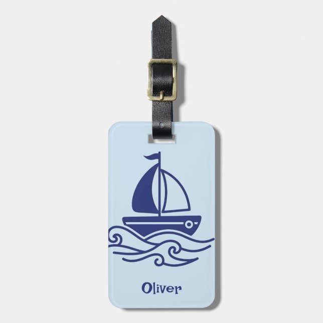 Etiqueta De Bagagem Minimalist Blue Sailboat Sailing Maritime (Frente Vertical)