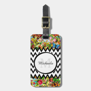 Etiqueta De Bagagem Mod Black Chevron Vintage Monograma Floral e Nome