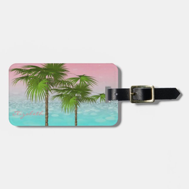 Etiqueta De Bagagem Modern Girly Tropical, Palm Tree (Frente Horizontal)