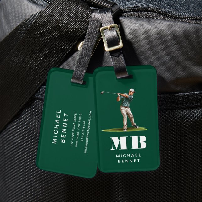 Etiqueta De Bagagem Modern Green Golfer Sport Monogram (Modern Green Golfer Sport Monogram Luggage Tag)