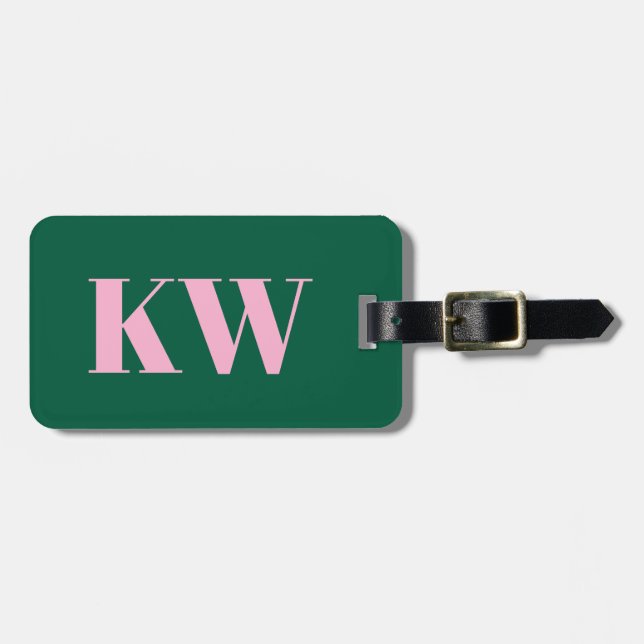 Etiqueta De Bagagem Modern Pink Green Monogram Initials Personalized (Frente Horizontal)