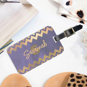 Etiqueta De Bagagem Modern Stylish Chic Purple And Gold Chevron