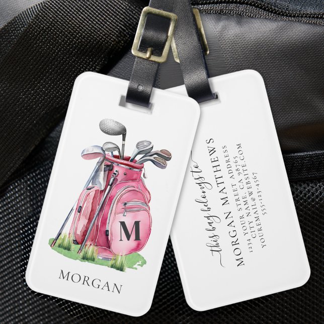 Etiqueta De Bagagem Monogram Pink Golf Bag (Monogram Pink Golf Bag Luggage Tag)