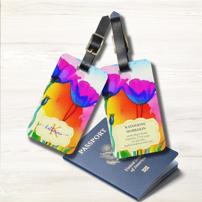 Etiqueta De Bagagem Monograma Aquarela Flores Brilhantes (Custom Monogram Luggage Tag, Contact Info on back, bright California poppies make it easy to find!)
