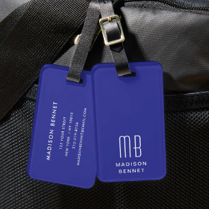 Etiqueta De Bagagem Monograma Azul Elegante