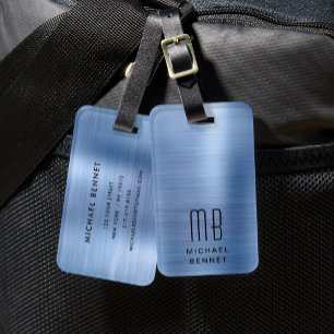 Etiqueta De Bagagem Monograma Azul Elegante