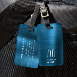 Etiqueta De Bagagem Monograma Azul Elegante