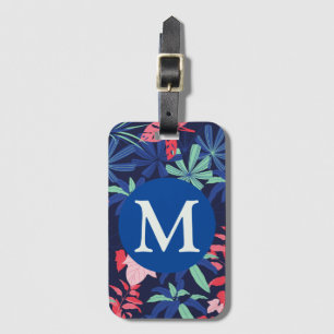 Etiqueta De Bagagem Monograma Azul Escuro Botânico Tropical