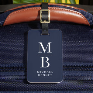 Etiqueta De Bagagem Monograma Azul Marinho Elegante