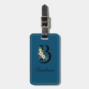 Etiqueta De Bagagem Monograma B de cobalto, flor de aquarela