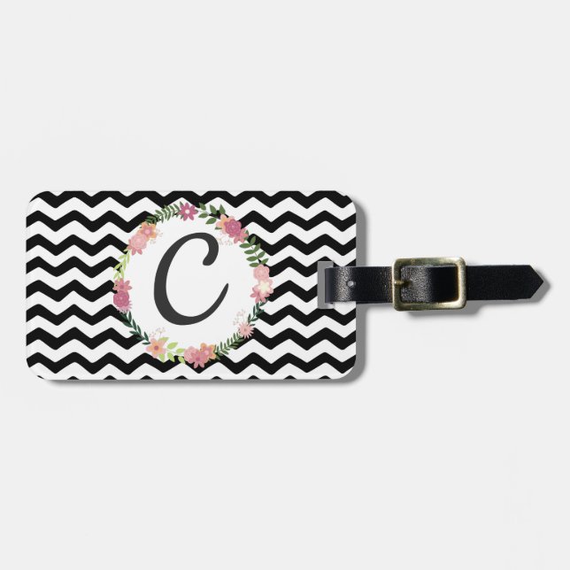 Etiqueta De Bagagem Monograma bonito Floral Preto Branco (Frente Horizontal)