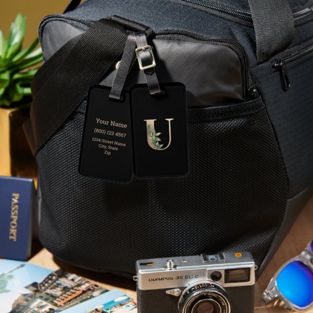 Etiqueta De Bagagem Monograma Botânico Elegante - Letra Dourada U (Frente e verso)