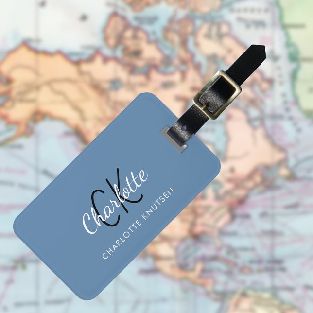 Etiqueta De Bagagem Monograma branco azul-poeirento (Criador carregado)