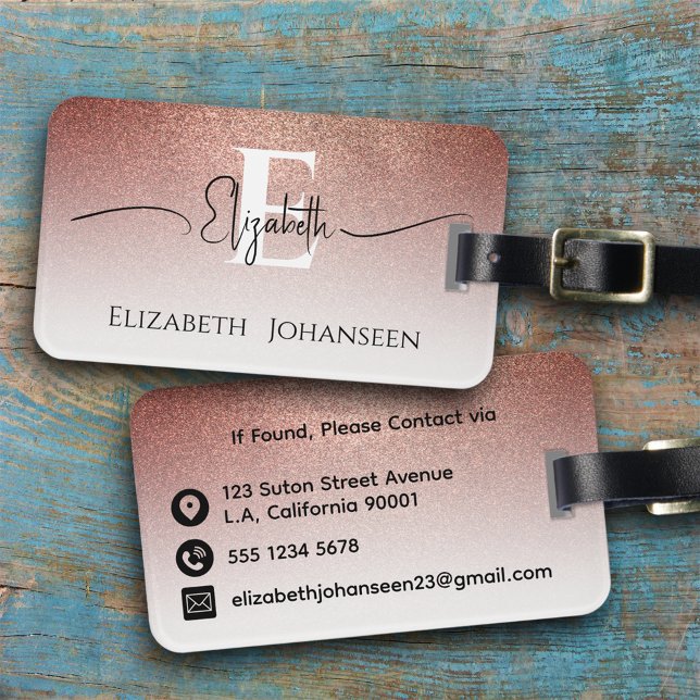 Etiqueta De Bagagem Monograma branco de Rosa Dourado brilhante feminin (Criador carregado)