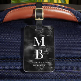 Etiqueta De Bagagem Monograma Branco e Preto Elegante