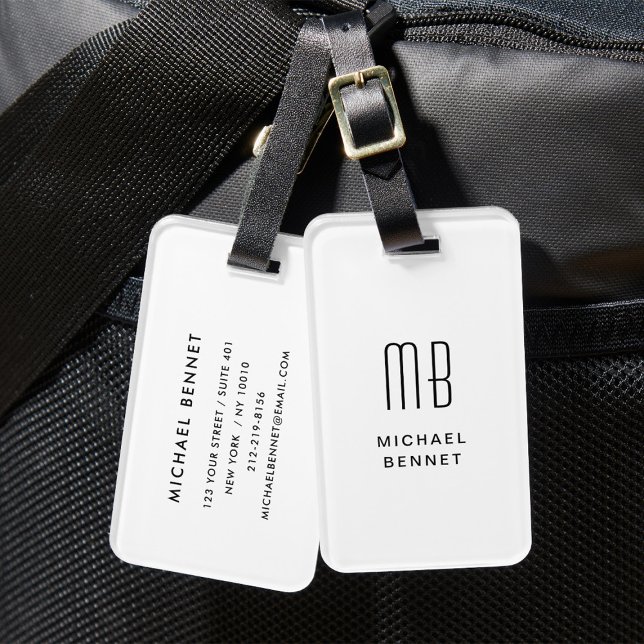 Etiqueta De Bagagem Monograma Branco Moderno (Modern White Monogrammed Luggage Tag)