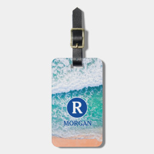 Etiqueta De Bagagem Monograma Branco & Nome Azul, Ondas da Praia, Info
