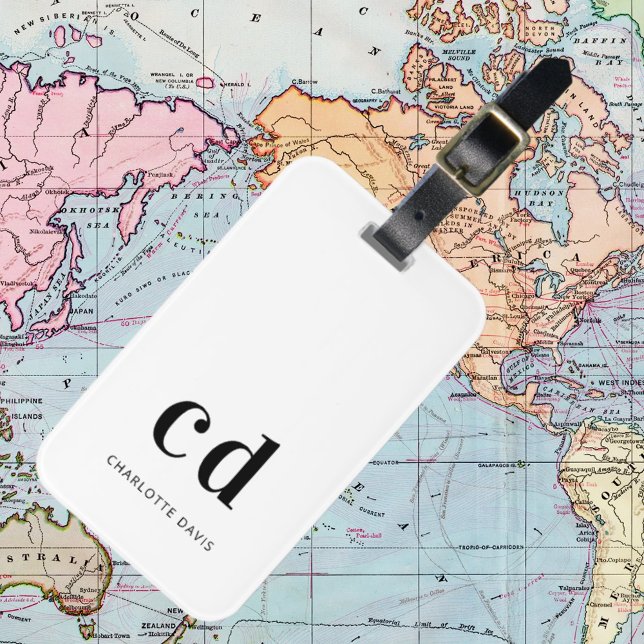 Etiqueta De Bagagem Monograma branco, preto, iniciais elegante (Criador carregado)