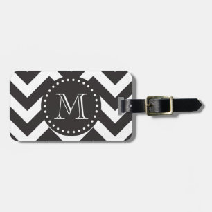 Etiqueta De Bagagem Monograma Chevron preto e branco