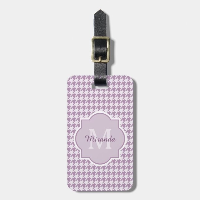 Etiqueta De Bagagem Monograma Chic Light Purple Houndstooth Com Nome (Frente Vertical)