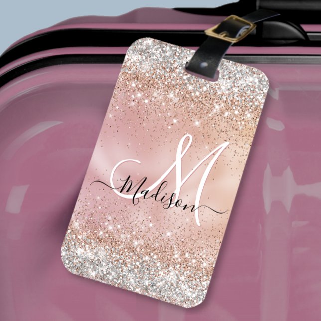 Etiqueta De Bagagem Monograma cinzento rosa dourado cônico prateado (Criador carregado)