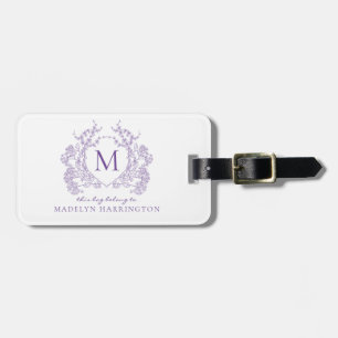 Etiqueta De Bagagem Monograma Clássico de Crest Floral Violeta Botânic