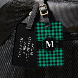 Etiqueta De Bagagem Monograma com Elegante Padrão Xadrez Verde