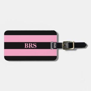Etiqueta De Bagagem Monograma com três tiras pretas em cor-de-rosa cra