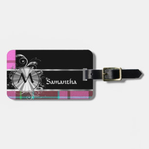 Etiqueta De Bagagem Monograma cor-de-rosa do tartan e da prata