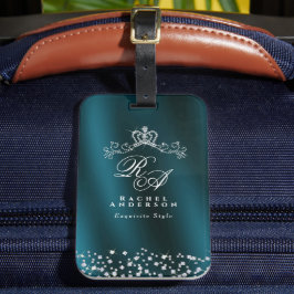 Etiqueta De Bagagem Monograma Coroa com Brilho Verde