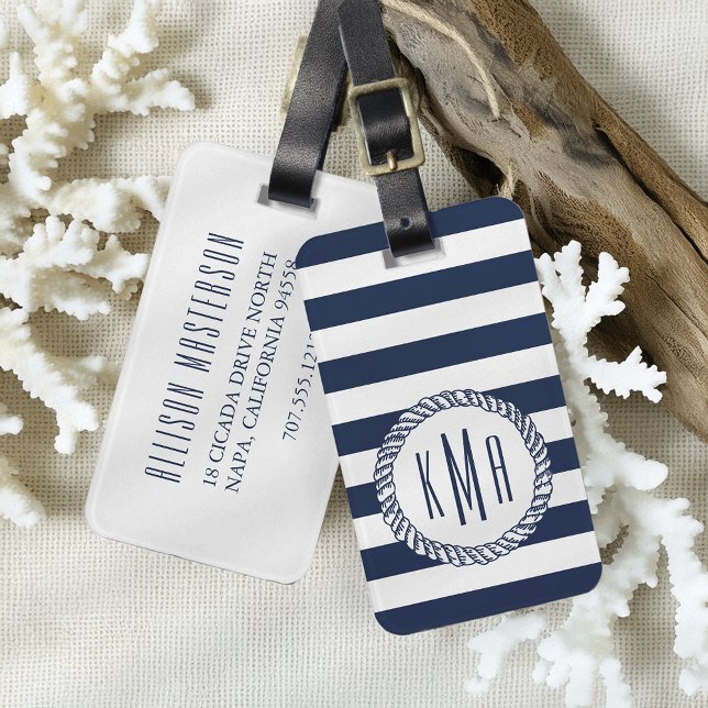 Etiqueta De Bagagem Monograma da faixa de Marinhos náutica (Criador carregado)
