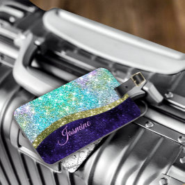 Etiqueta De Bagagem Monograma da luz azul escura, púrpura, iridescente