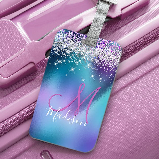 Etiqueta De Bagagem Monograma da turquesa púrpura e púrpura (Criador carregado)