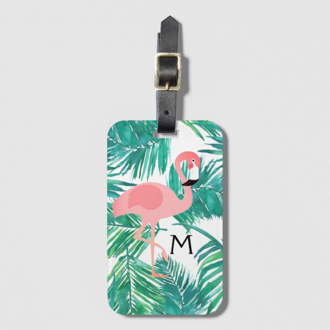 Etiqueta De Bagagem monograma de arte flamingo nas folhas tropicais (Frente Vertical)
