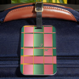 Etiqueta De Bagagem Monograma de Blocos de Cor Rosa e Verde Elegante