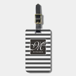 Etiqueta De Bagagem Monograma de Cinzas Clássicas e Script Striped Whi