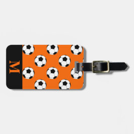 Etiqueta De Bagagem Monograma de Futebol Branco, Bolas Laranja
