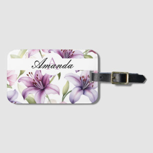Etiqueta De Bagagem Monograma de Leafy Lily Púrpura de Aquarela