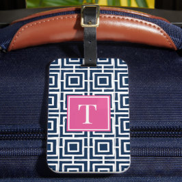 Etiqueta De Bagagem Monograma de Malha Quadrada Preppy – Azul Marinho