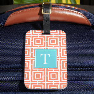 Etiqueta De Bagagem Monograma de Malha Quadrada Preppy - Coral e Turqu