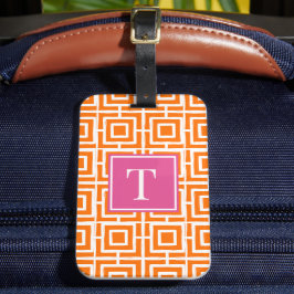 Etiqueta De Bagagem Monograma de Malha Quadrada Preppy Laranja e Rosa